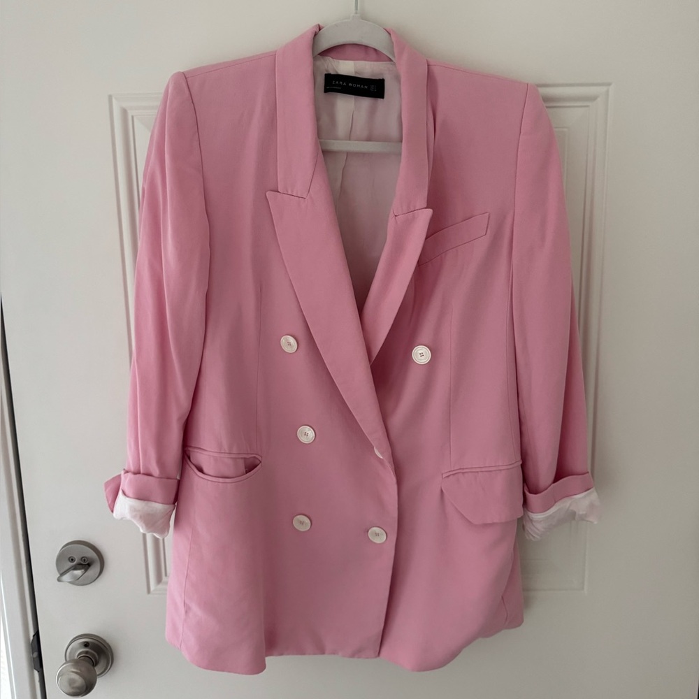 ZARA Barbie pink oversized double breasted blazer with with white buttons size S